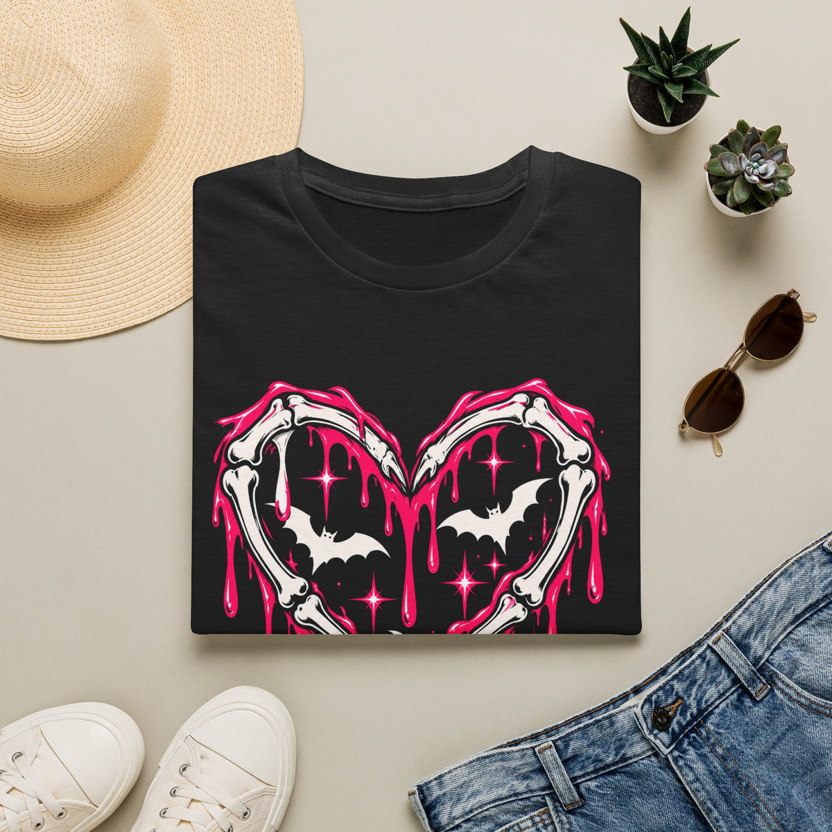 Bats and Skeleton Bones Heart Graphic Tee