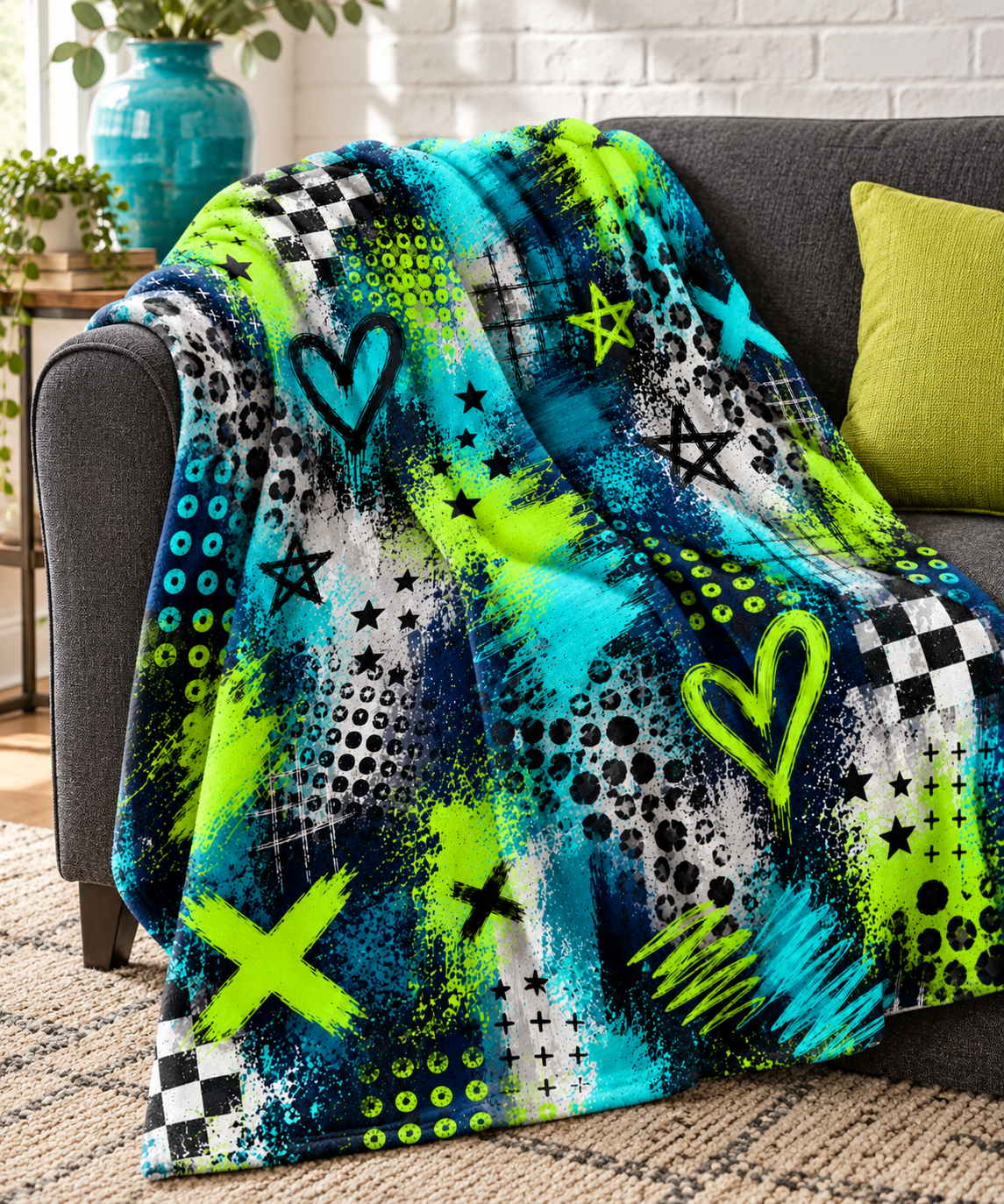 Teal and Lime Green Graffiti Crush Blanket
