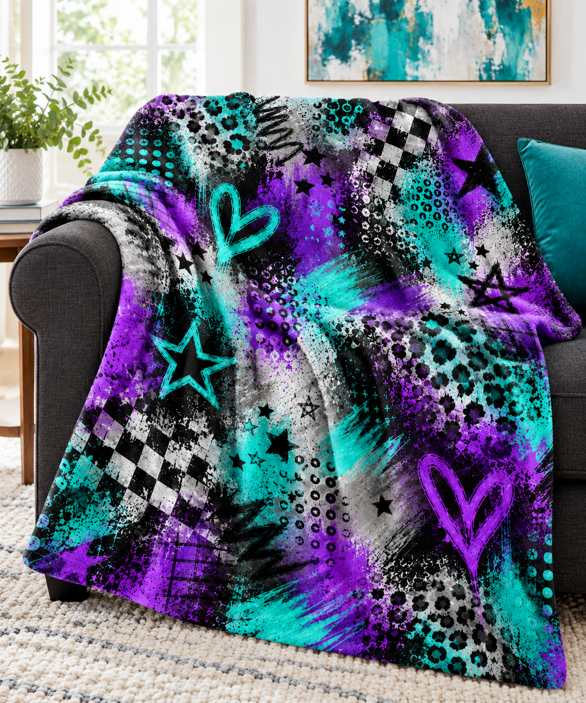 Purple and Teal Graffiti Crush Blanket