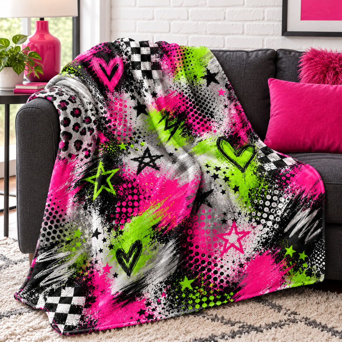 Hot Pink and Lime Green Graffiti Crush Blanket