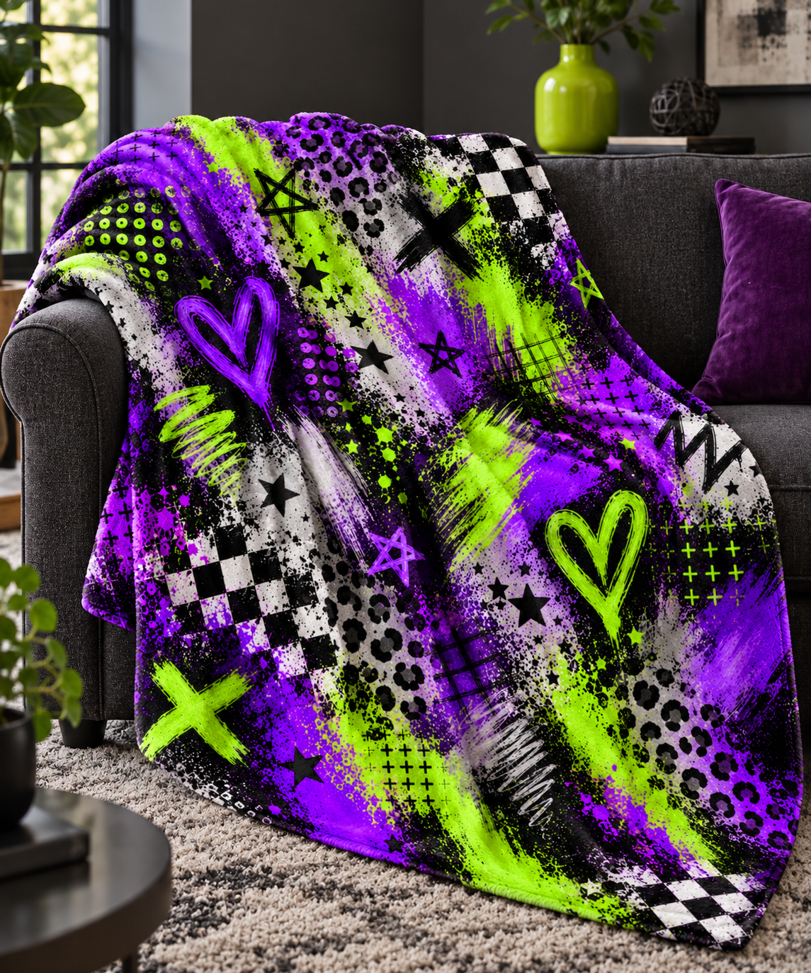 Purple and Lime Green Graffiti Crush Blanket