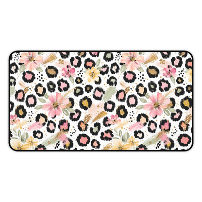 Floral Leopard Desk Mat — Pink Botanical Animal Print Mouse Pad
