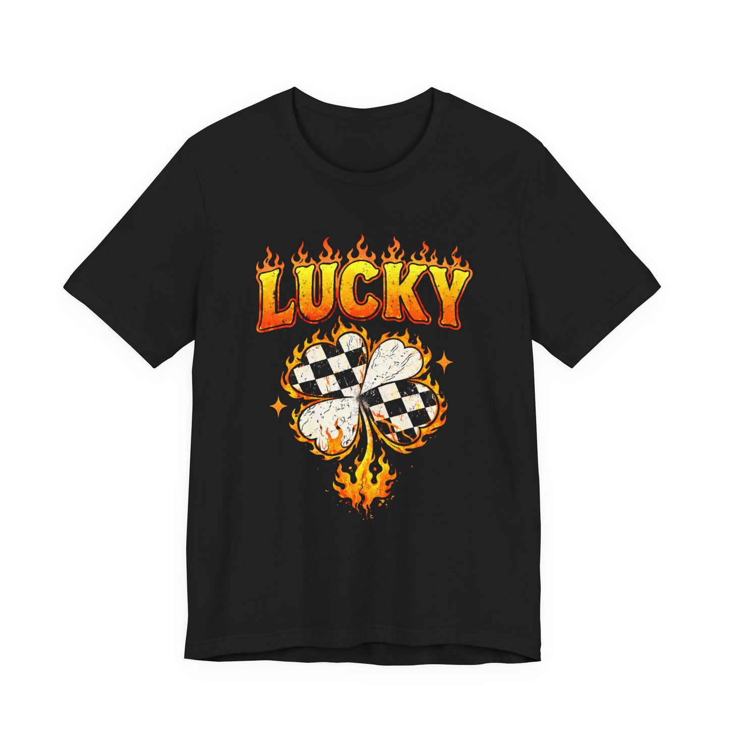 LUCKY Flame Clover T-Shirt — Retro Flame Graphic Tee