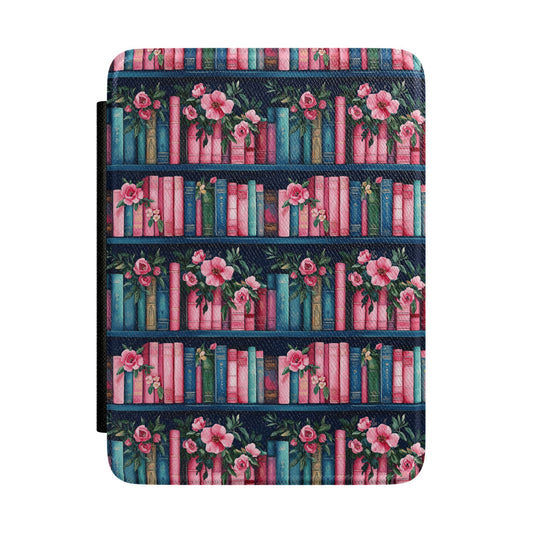 Floral Bookshelf Kindle Case — Vintage Pink & Teal E-Reader Cover