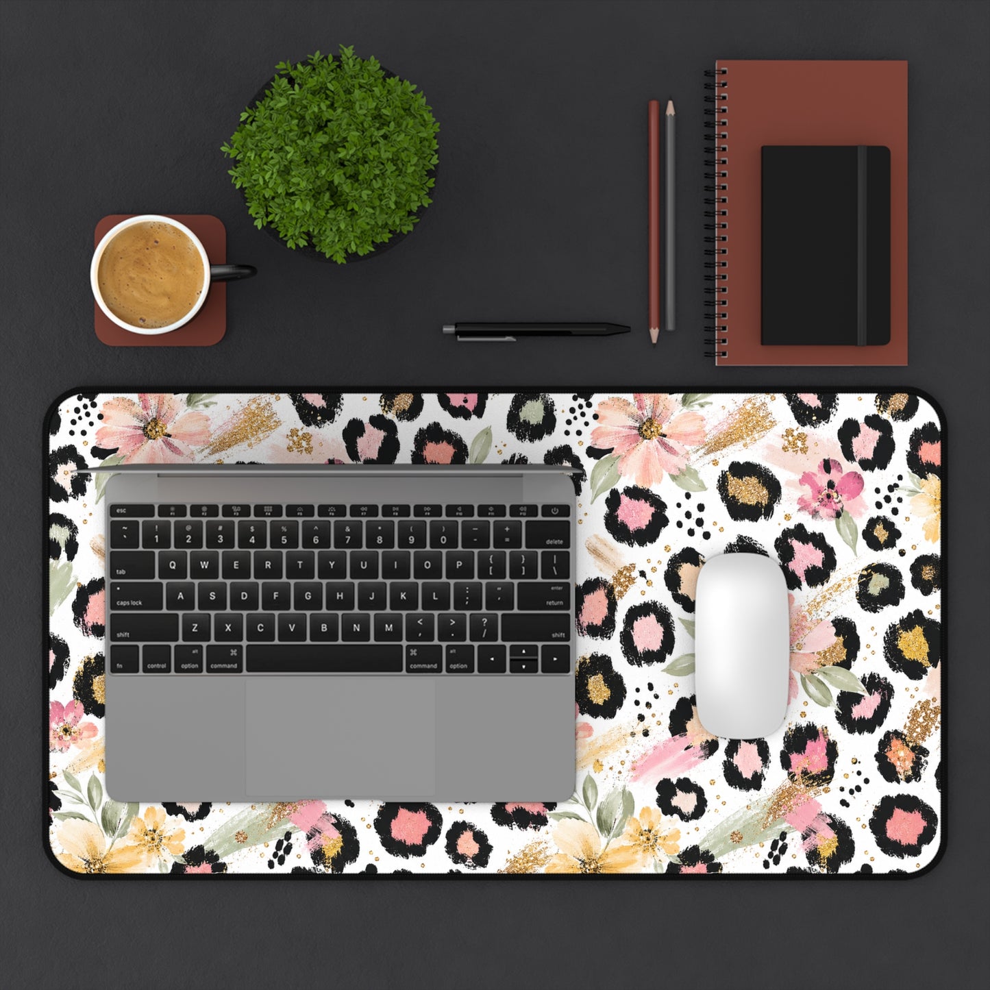 Floral Leopard Desk Mat — Pink Botanical Animal Print Mouse Pad