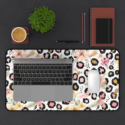 Floral Leopard Desk Mat — Pink Botanical Animal Print Mouse Pad