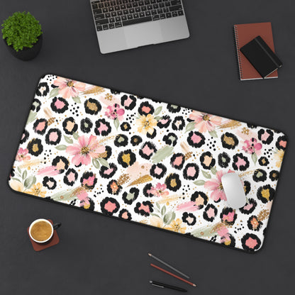 Floral Leopard Desk Mat — Pink Botanical Animal Print Mouse Pad