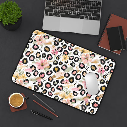 Floral Leopard Desk Mat — Pink Botanical Animal Print Mouse Pad