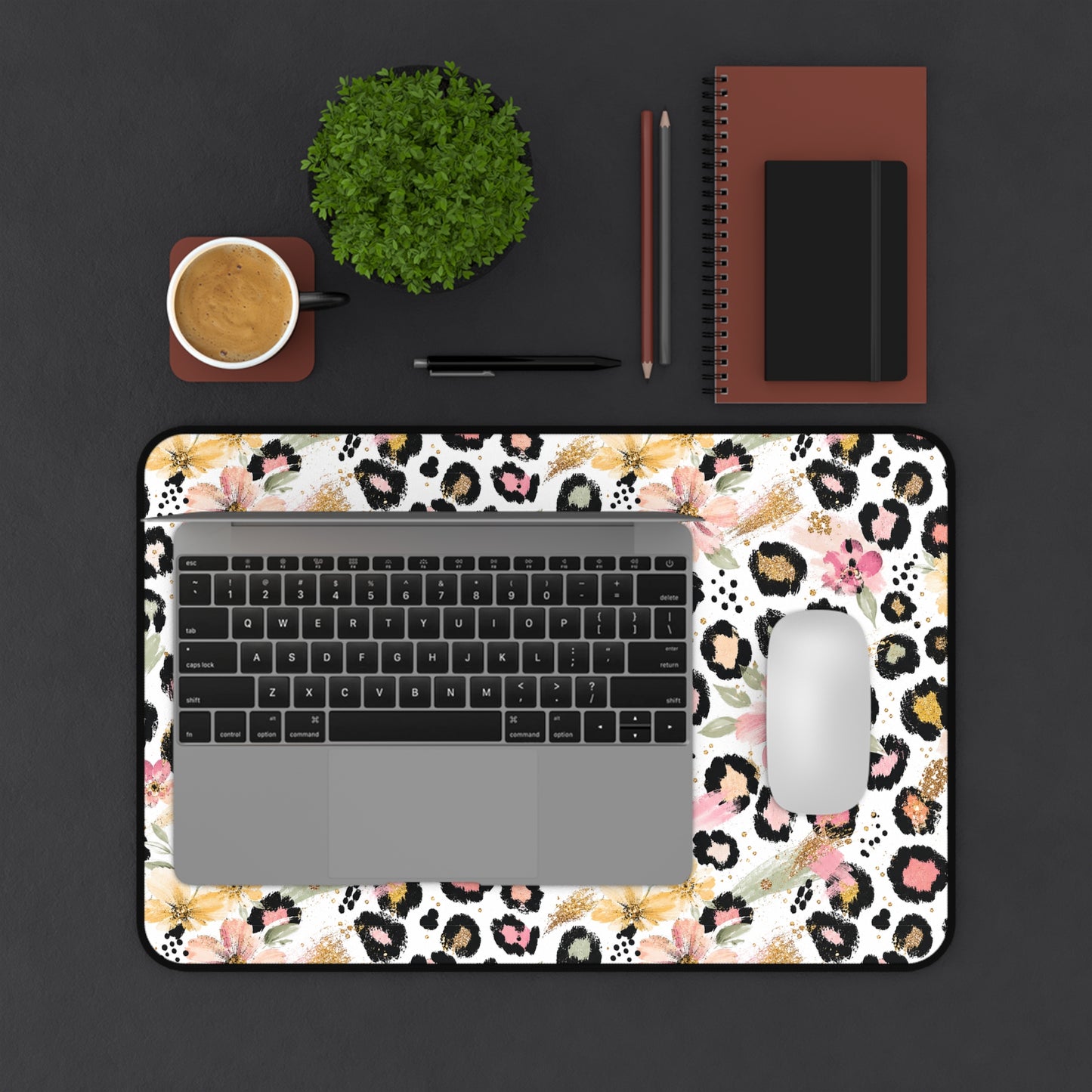 Floral Leopard Desk Mat — Pink Botanical Animal Print Mouse Pad