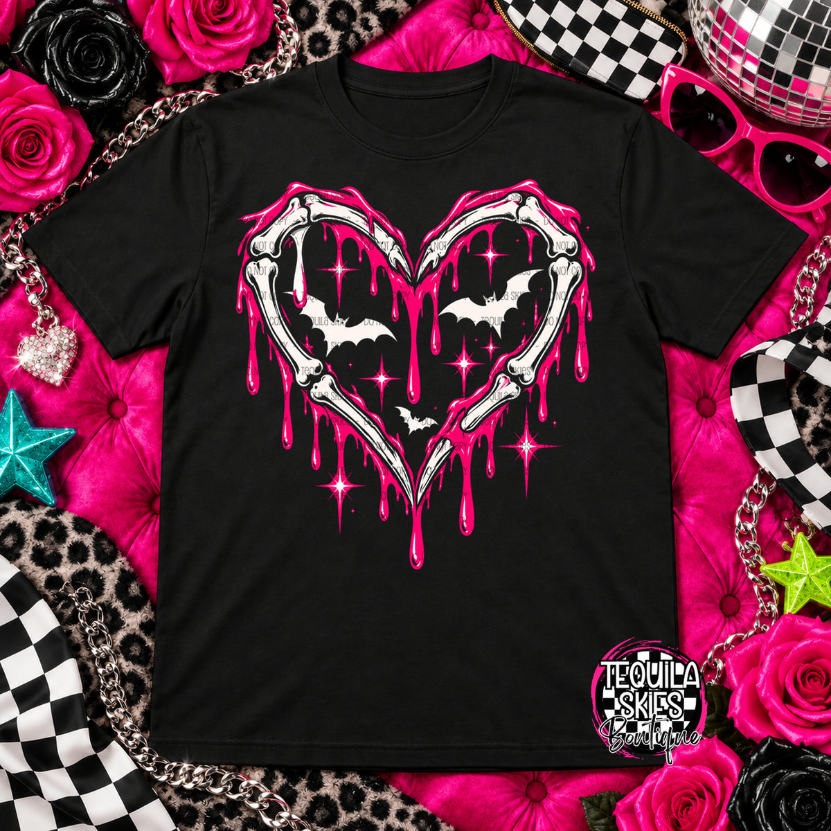 Bats and Skeleton Bones Heart Graphic Tee