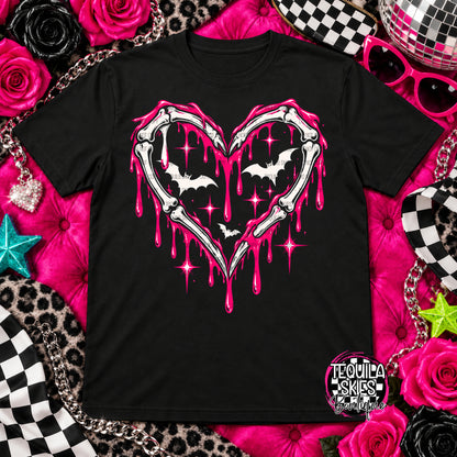 Bats and Skeleton Bones Heart Graphic Tee