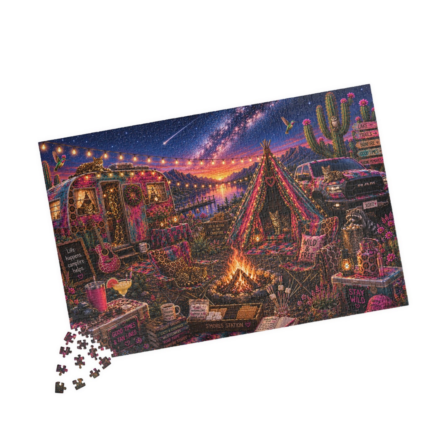 Desert Night Campfire Jigsaw Puzzle — Scenic Camping Puzzle (110/252/520/1014 pcs)