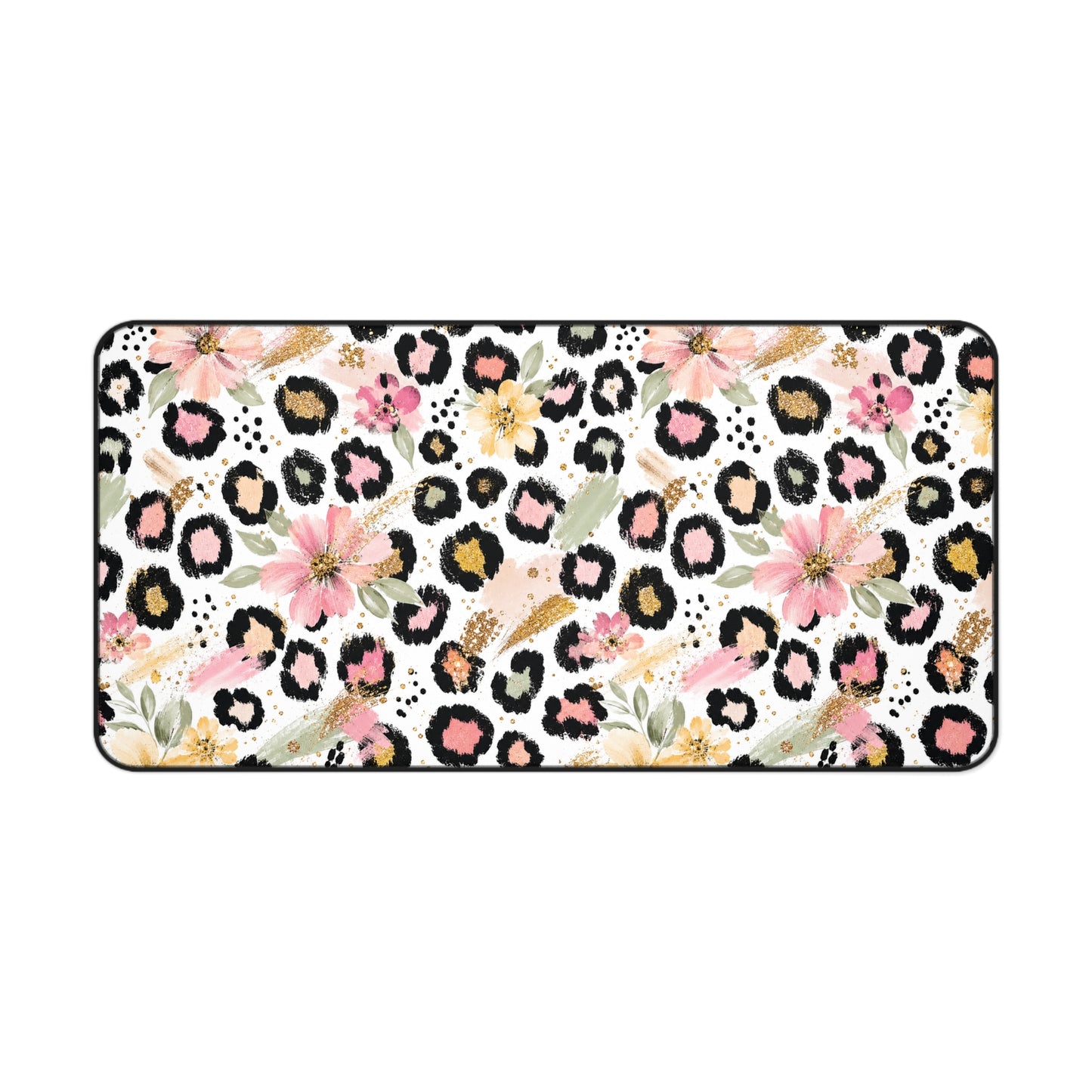 Floral Leopard Desk Mat — Pink Botanical Animal Print Mouse Pad