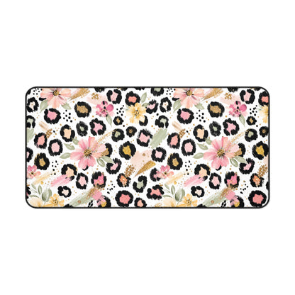 Floral Leopard Desk Mat — Pink Botanical Animal Print Mouse Pad