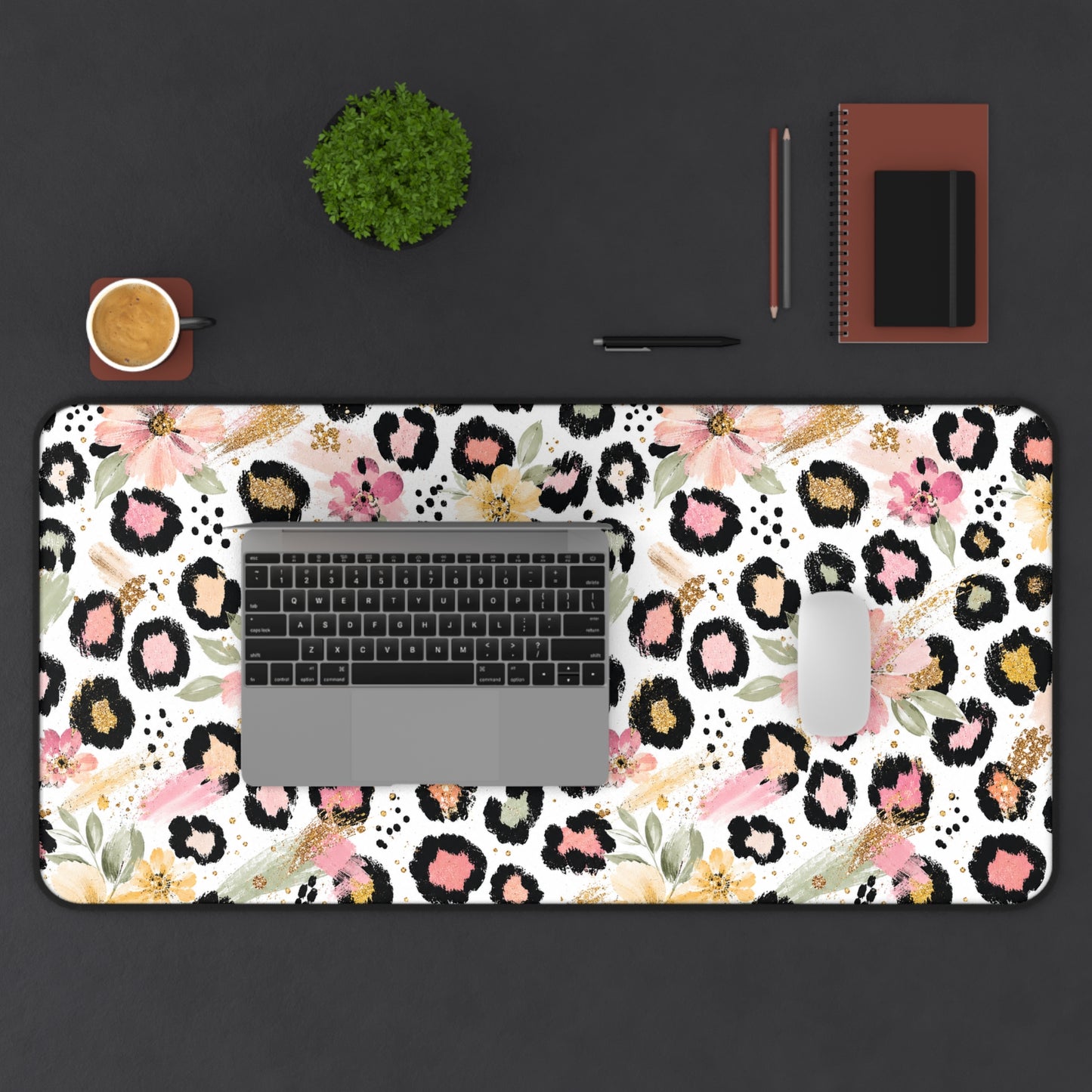 Floral Leopard Desk Mat — Pink Botanical Animal Print Mouse Pad