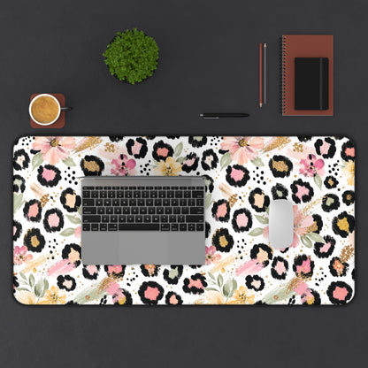 Floral Leopard Desk Mat — Pink Botanical Animal Print Mouse Pad