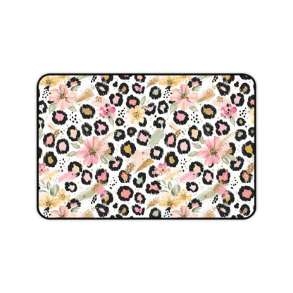 Floral Leopard Desk Mat — Pink Botanical Animal Print Mouse Pad