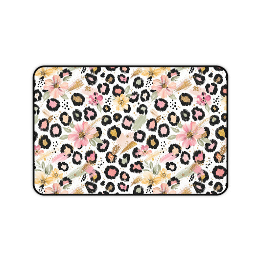 Floral Leopard Desk Mat — Pink Botanical Animal Print Mouse Pad