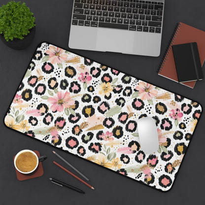 Floral Leopard Desk Mat — Pink Botanical Animal Print Mouse Pad