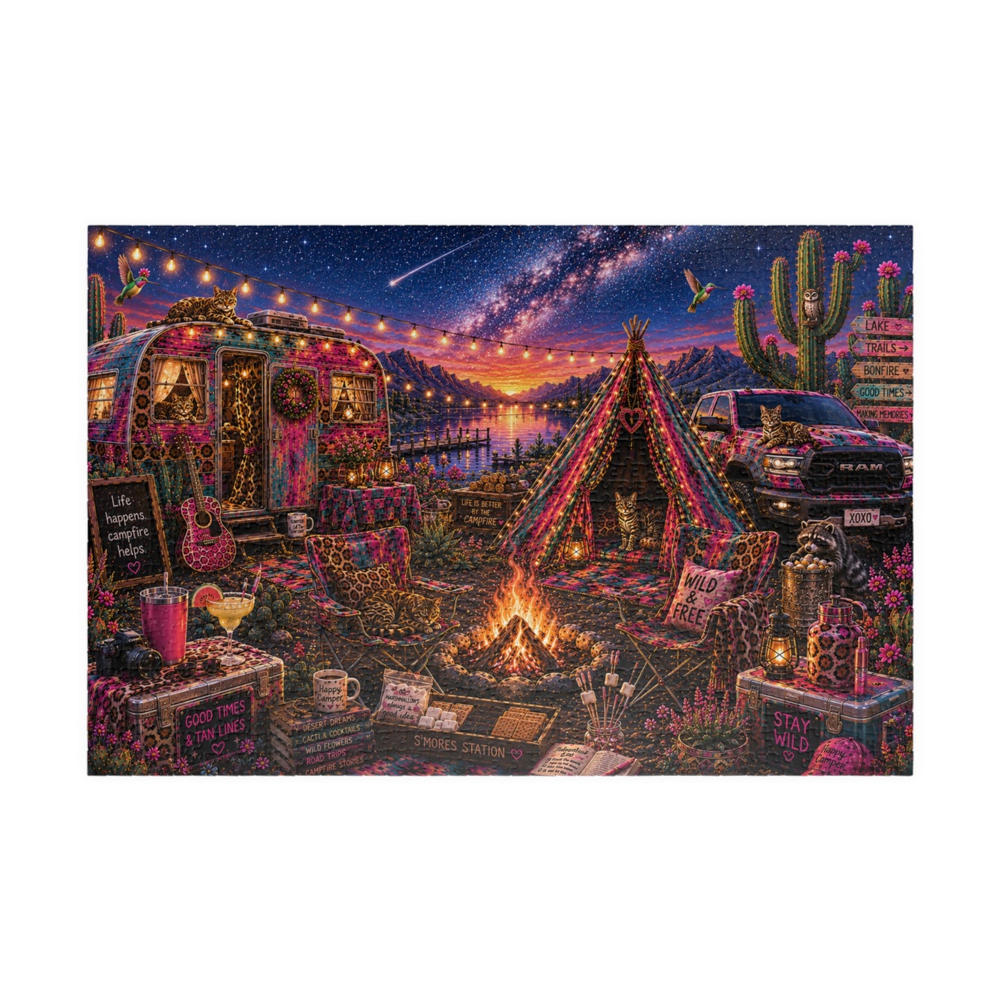 Desert Night Campfire Jigsaw Puzzle — Scenic Camping Puzzle (110/252/520/1014 pcs)