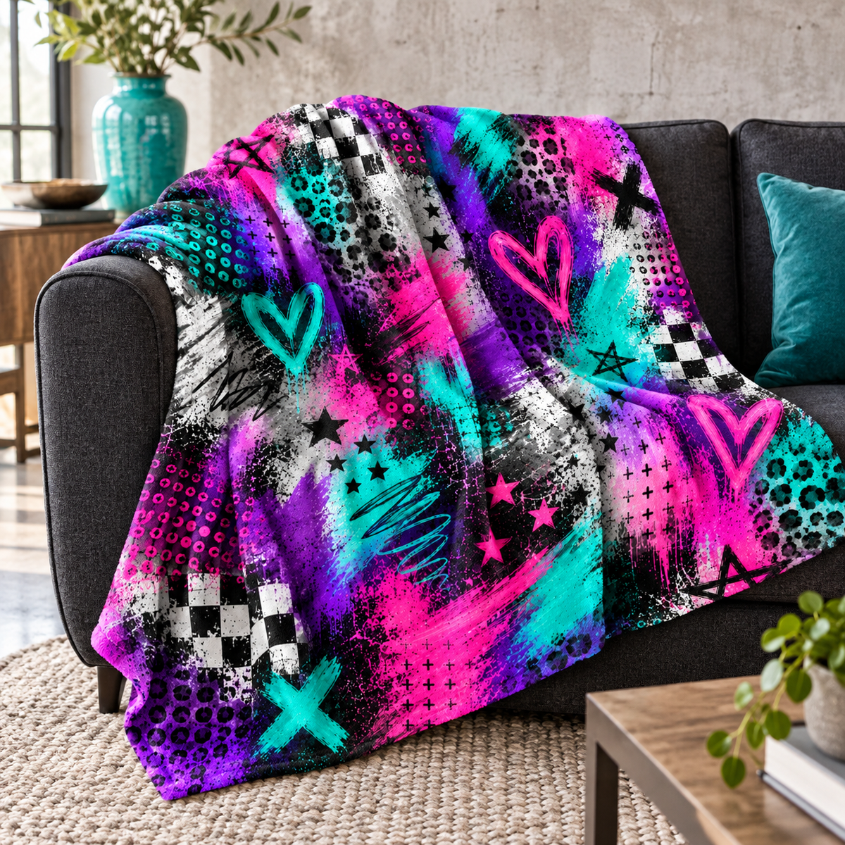 Hot Pink, Purple and Teal Graffiti Crush Blanket