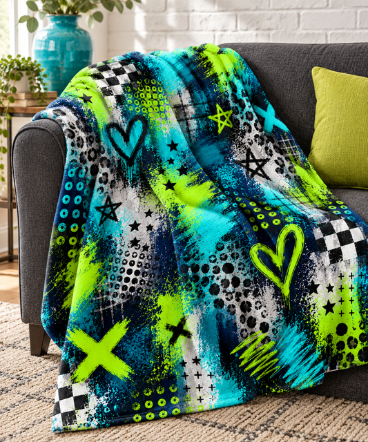 Teal and Lime Green Graffiti Crush Blanket