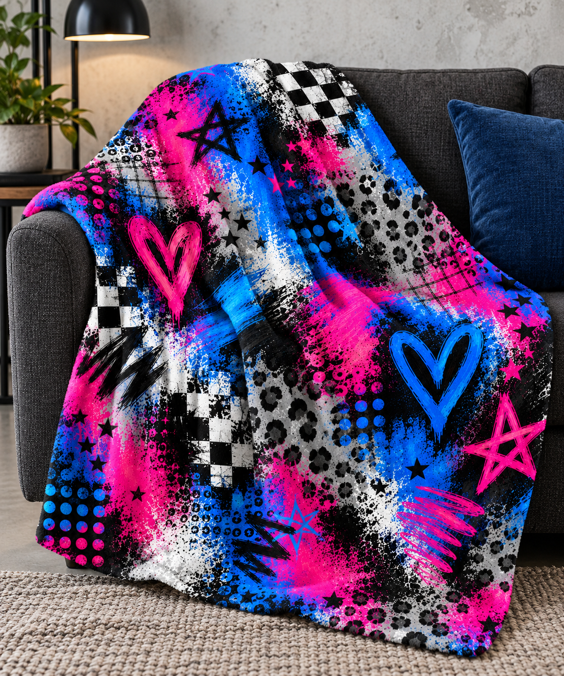 Hot Pink and Blue Graffiti Crush Blanket